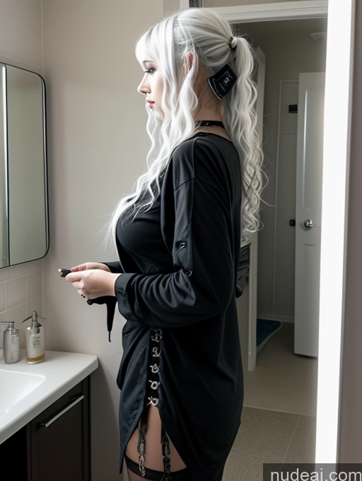 ai nude image of blonde woman in black lingerie standing in front of a mirror pics of Busty Perfect Boobs Close-up View Gothic Punk Girl Model Perfect Body Beautiful 18 White Hair Curly Hair Russian Casual Bathroom Mirror Selfie