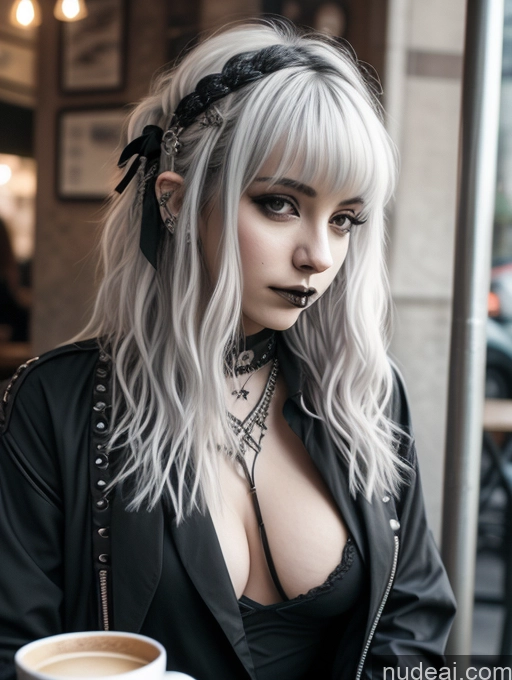 ai nude image of blond woman with black and white hair and a black jacket pics of Busty Perfect Boobs Close-up View Gothic Punk Girl Model Perfect Body Beautiful 18 White Hair Curly Hair Russian Casual Cafe