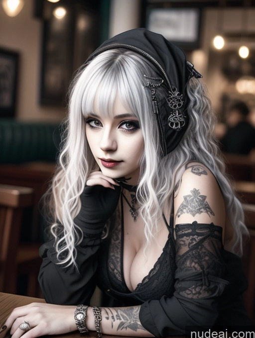 ai nude image of blond woman with tattoos and head scarf sitting at a table pics of Busty Perfect Boobs Close-up View Gothic Punk Girl Model Perfect Body Beautiful 18 White Hair Curly Hair Russian Casual Restaurant