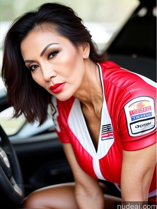 ai nude image of arafed woman in a red and white shirt sitting in a car pics of Milf Beautiful Lipstick Skinny 60s Asian Pouting Lips Sexy Face Hair Bun Race Driver