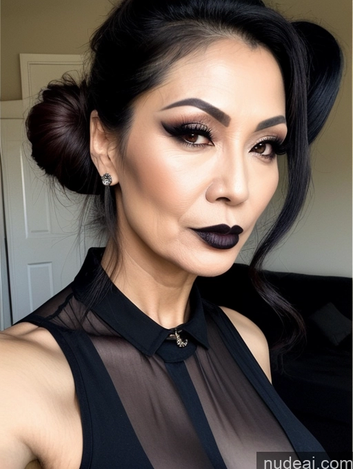 ai nude image of a close up of a woman with a black dress and a black lip pics of Milf Beautiful Lipstick Skinny 60s Asian Pouting Lips Sexy Face Hair Bun Goth