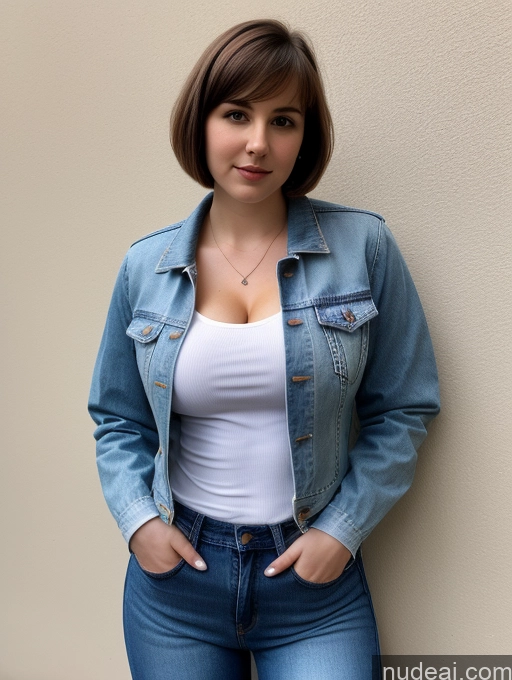 ai nude image of arafed woman in a white shirt and blue jean jacket pics of Busty Perfect Boobs Beautiful Thick Big Hips Fairer Skin 18 Brunette Russian Short Hair Professor Detailed Jeans Jacket Shirt