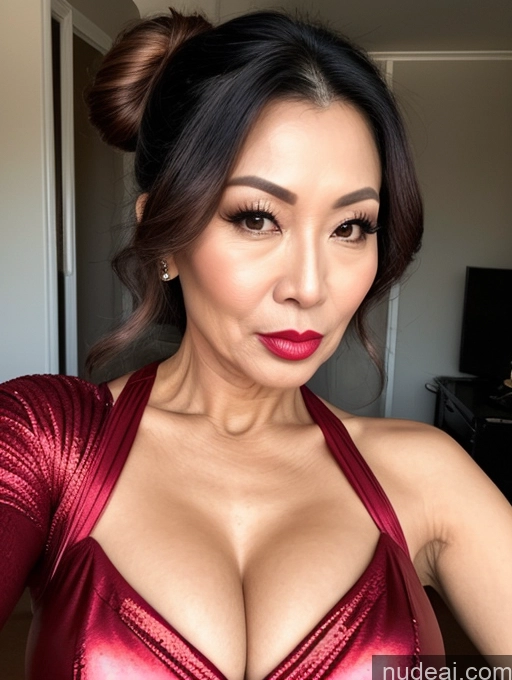 ai nude image of arafed asian woman in a red dress posing for a selfie pics of Milf Beautiful Lipstick Hair Bun 60s Asian Pouting Lips Sexy Face Superhero Cleavage