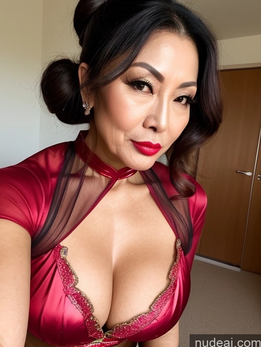 ai nude image of there is a woman in a red dress posing for a picture pics of Milf Beautiful Lipstick Hair Bun 60s Asian Pouting Lips Sexy Face Superhero Cleavage