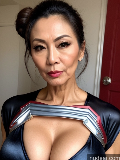 ai nude image of arafed asian woman in a black dress with a sword on her chest pics of Milf Beautiful Hair Bun 60s Asian Pouting Lips Sexy Face Superhero Cleavage Skinny