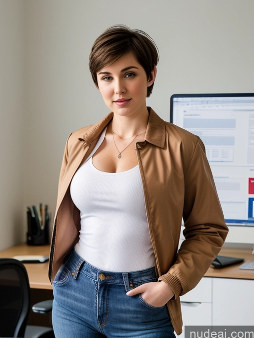 ai nude image of there is a woman standing in front of a computer desk pics of Perfect Boobs Beautiful Big Hips Fairer Skin 18 Brunette Russian Short Hair Jacket Shirt Professor Office Jeans Perfect Body Skinny