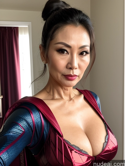 ai nude image of araffed asian woman in a red and blue dress posing for a picture pics of Milf Beautiful Hair Bun 60s Asian Pouting Lips Sexy Face Superhero Cleavage Skinny