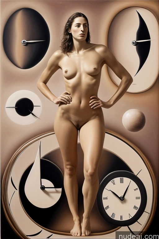 ai nude image of arafed woman standing in front of a clock with a lot of clocks pics of One 20s French Front View Nude Detailed Simple Surrealist Athlete