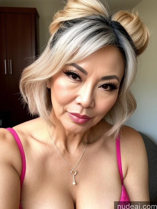 ai nude image of blond woman with a pink bra top and a messy bun pics of Milf Beautiful Hair Bun 60s Asian Pouting Lips Sexy Face Skinny Cosplay Cleavage