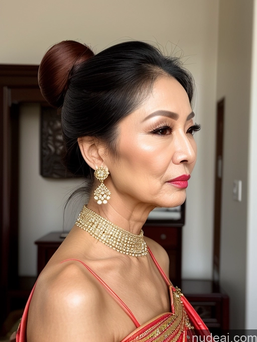 ai nude image of there is a woman in a red dress with a gold necklace and earrings pics of Milf Beautiful Hair Bun 60s Asian Pouting Lips Sexy Face Skinny Traditional