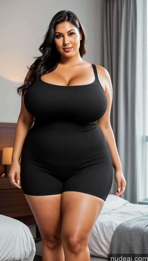 ai nude image of araffe woman in a black dress posing in a bedroom pics of Woman Huge Boobs Chubby Fat Big Hips 40s Sexy Face Black Hair Ponytail Indian 3d Bedroom Spreading Legs Bright Lighting Big Ass Police Front View