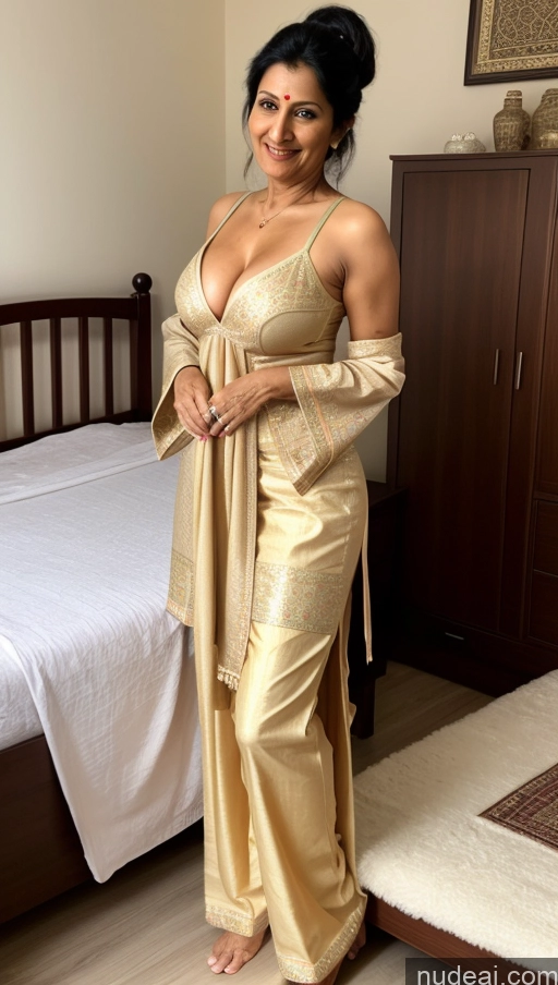 ai nude image of araffe woman in a sari posing in a bedroom pics of Milf Sexy Face Black Hair Ponytail Soft Anime Front View Bright Lighting Bedroom Spreading Legs Indian Perfect Boobs Skinny Traditional Salwar Partially Nude 60s