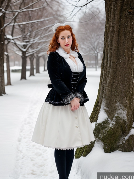 ai nude image of there is a woman standing in the snow near a tree pics of Woman Busty Huge Boobs Skinny Short Long Legs 80s Jewish Film Photo Front View Bows Dress Pearl Jewelry Victorian Sad Shocked Ginger Snow