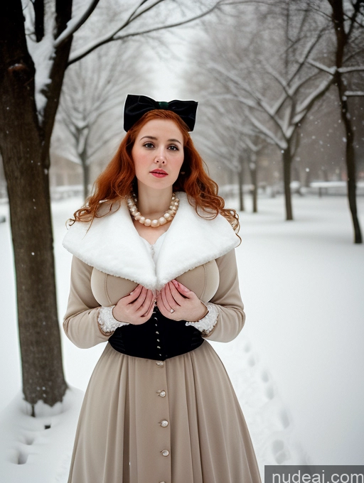 ai nude image of there is a woman in a dress and a fur collar pics of Woman Busty Huge Boobs Skinny Short Long Legs 80s Jewish Film Photo Front View Bows Dress Pearl Jewelry Victorian Sad Shocked Ginger Snow