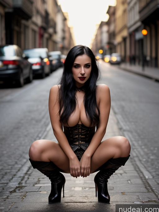 ai nude image of araffe woman in a corset kneeling on a street pics of Woman Beautiful Perfect Boobs Perfect Body 20s Seductive Black Hair Long Hair White Front View Squatting Goth Steampunk Vampire Dark Lighting Detailed Nude Happy Street Two