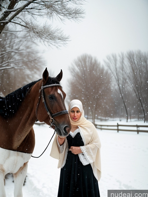 ai nude image of there is a woman standing next to a horse in the snow pics of Woman Busty Huge Boobs Skinny Short Long Legs 80s Film Photo Front View Bows Dress Pearl Jewelry Victorian Sad Shocked Ginger Snow Arabic