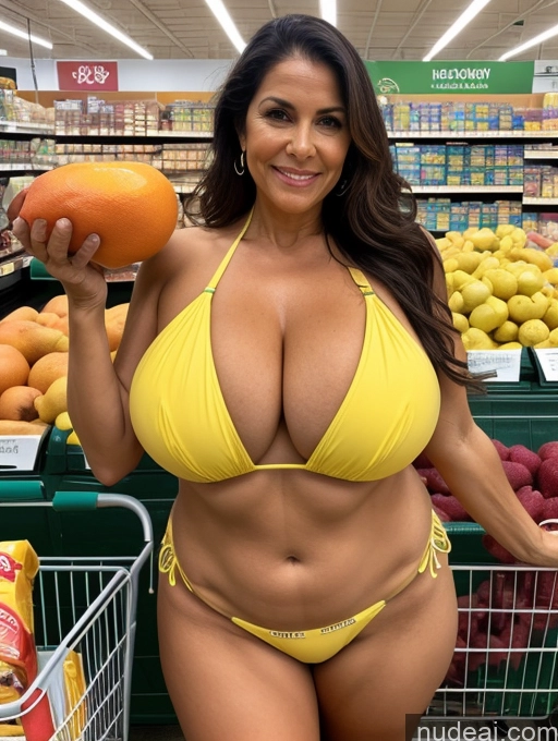 ai nude image of arafed woman in a yellow bikini holding a orange in a grocery store pics of Milf One Busty Huge Boobs Tanned Skin Grocery Front View Thong Microkini 60s Brazilian