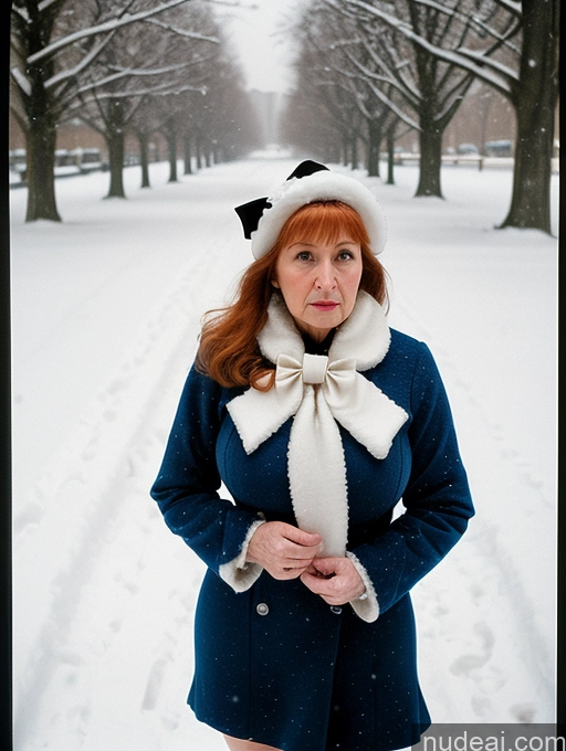 ai nude image of woman in blue coat and white hat standing in snow covered park pics of Woman Busty Huge Boobs Skinny Short Long Legs 80s Film Photo Front View Bows Dress Pearl Jewelry Sad Shocked Ginger Jewish Casual Snow