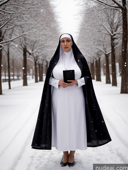 ai nude image of nun in white robe holding a bible in snowy park pics of Woman Busty Huge Boobs Skinny Short Long Legs 80s Film Photo Front View Bows Dress Pearl Jewelry Sad Shocked Ginger Snow Blouse Satin Nun Arabic