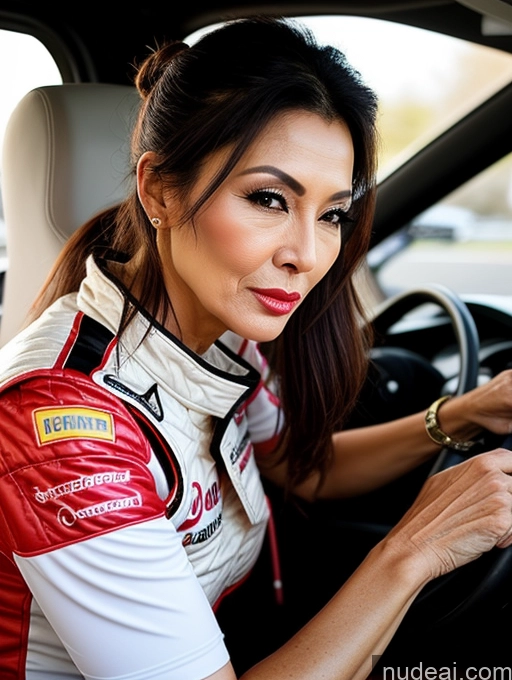 ai nude image of woman in racing uniform sitting in a car with steering wheel pics of Milf Beautiful Hair Bun 60s Asian Pouting Lips Sexy Face Skinny Race Driver