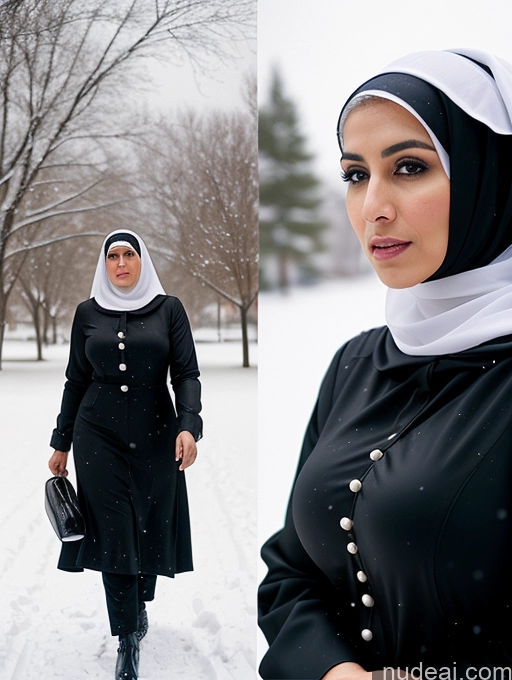 ai nude image of there is a woman in a black dress and a white scarf pics of Woman Busty Huge Boobs Skinny Short Long Legs 80s Film Photo Front View Bows Dress Pearl Jewelry Sad Shocked Ginger Snow Blouse Nun Arabic Leather