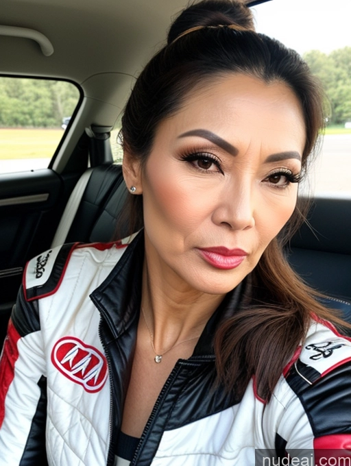 ai nude image of woman in a car with a black and white jacket and red and white jacket pics of Milf Beautiful Hair Bun 60s Asian Pouting Lips Sexy Face Skinny Race Driver