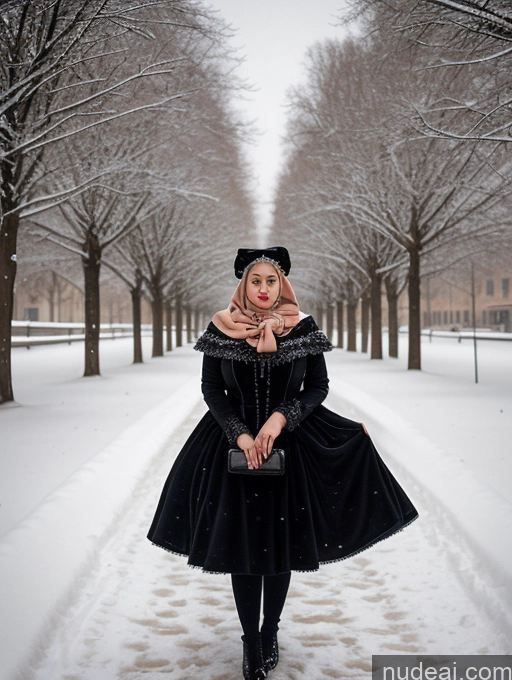 ai nude image of woman in black dress and hat posing in snowy park pics of Woman Busty Huge Boobs Skinny Short Long Legs 80s Film Photo Front View Bows Dress Pearl Jewelry Sad Shocked Ginger Snow Arabic Leather Victorian