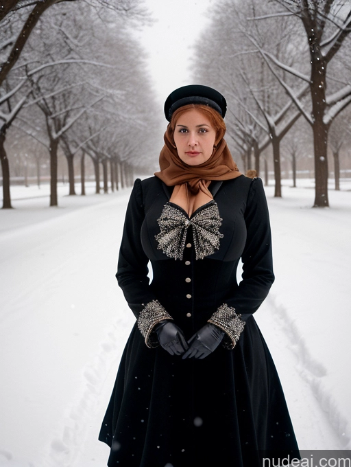 ai nude image of woman in black dress and hat standing in snow covered park pics of Woman Busty Huge Boobs Skinny Short Long Legs 80s Film Photo Front View Bows Dress Pearl Jewelry Sad Shocked Ginger Snow Arabic Leather Victorian