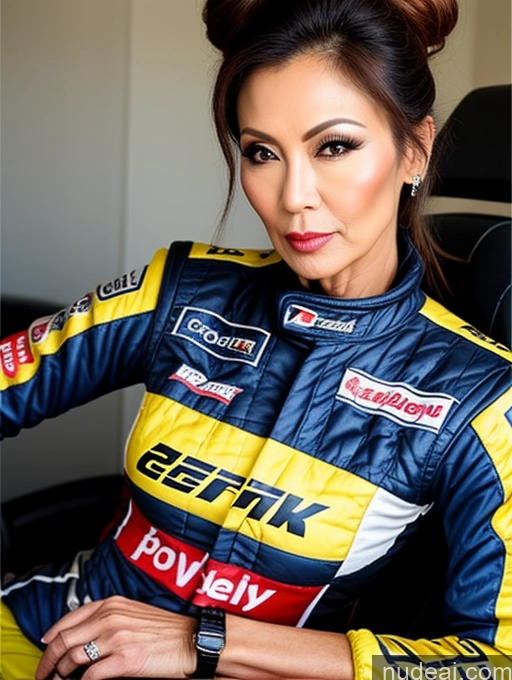 ai nude image of a close up of a woman in a racing suit sitting in a chair pics of Milf Beautiful Hair Bun 60s Asian Pouting Lips Sexy Face Skinny Race Driver