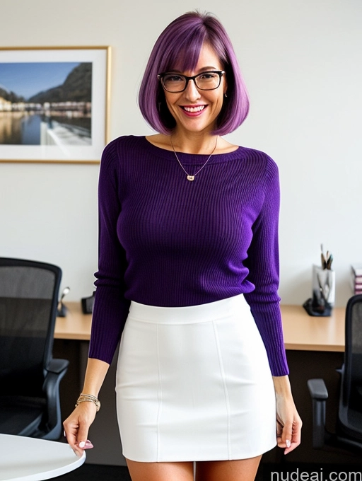 ai nude image of arafed woman in purple sweater and white skirt standing in front of a desk pics of 60s Czech Skinny Long Legs Perfect Boobs Glasses Laughing Sexy Face Happy Office Dress Sweater Mini Skirt Transparent Simple Purple Hair Bobcut Busty