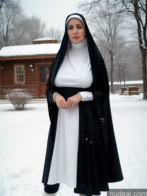 ai nude image of nun in white dress and black cape standing in snow covered yard pics of Woman Busty Huge Boobs Skinny Short Long Legs Front View Dress Leather Pearl Jewelry Hair Bun Fairer Skin 60s Waitress 80s Arabic Black Hair Nun Snow