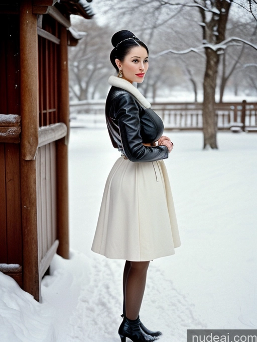 ai nude image of there is a woman standing in the snow wearing a white dress pics of Woman Busty Huge Boobs Skinny Short Long Legs Front View Dress Leather Pearl Jewelry Hair Bun Fairer Skin 60s 80s Snow Medieval Black Hair Chinese