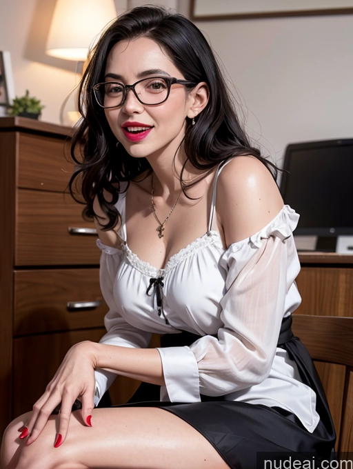 ai nude image of there is a woman sitting on a chair in a room pics of 80s Czech Glasses Lipstick Office Simple Beautiful Dress Nightgown Satin Teacher Black Hair Long Hair Dirndl Chemise Laughing Sexy Face Happy Big Ass Perfect Boobs Thick Milf Long Legs Blowjob Mini Skirt