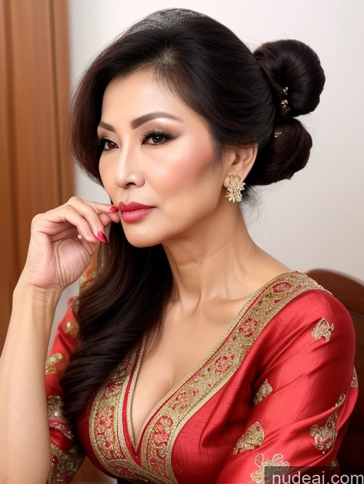 ai nude image of a close up of a woman in a red dress with a gold necklace pics of Milf Beautiful Skinny Hair Bun 60s Asian Pouting Lips Sexy Face Traditional Cleavage