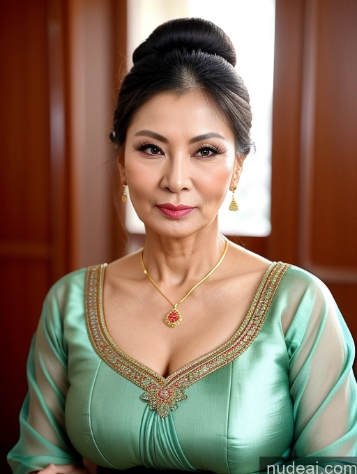 ai nude image of arafed woman in a green dress with a necklace and earrings pics of Milf Beautiful Skinny Hair Bun 60s Asian Pouting Lips Sexy Face Traditional Cleavage