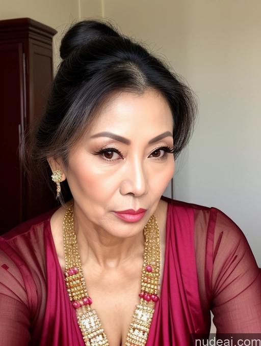 ai nude image of araffe woman with a red dress and gold necklace and earrings pics of Milf Beautiful Skinny Hair Bun 60s Asian Pouting Lips Sexy Face Traditional Cleavage