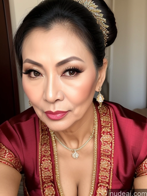 ai nude image of a close up of a woman wearing a red dress and a gold necklace pics of Milf Beautiful Skinny Hair Bun 60s Asian Pouting Lips Sexy Face Traditional Cleavage