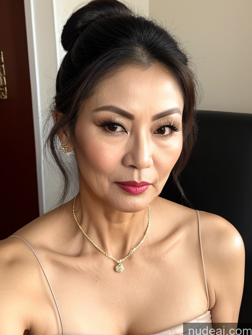 ai nude image of there is a woman with a necklace and a necklace on her neck pics of Milf Beautiful Skinny Hair Bun 60s Asian Pouting Lips Sexy Face Traditional Cleavage