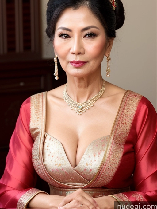 ai nude image of araffe woman in a red dress with a necklace and earrings pics of Milf Beautiful Skinny Hair Bun 60s Asian Pouting Lips Sexy Face Traditional Cleavage