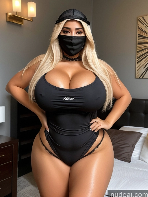 ai nude image of araffe wearing a black mask and a black swimsuit posing in a bedroom pics of Bimbo One Huge Boobs Beautiful Lipstick Big Ass Chubby Pubic Hair Oiled Body 20s Sad Brunette Messy Arabic Cyberpunk Front View Niqab Thong