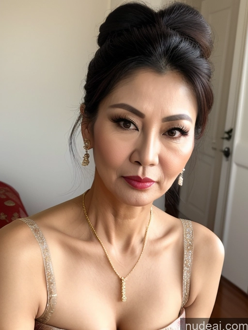 ai nude image of there is a woman with a necklace and a necklace on her neck pics of Milf Beautiful Skinny Hair Bun 60s Asian Pouting Lips Sexy Face Traditional Cleavage