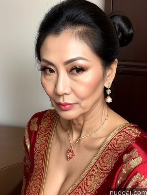 ai nude image of there is a woman with a red dress and gold jewelry pics of Milf Beautiful Skinny Hair Bun 60s Asian Pouting Lips Sexy Face Traditional Cleavage