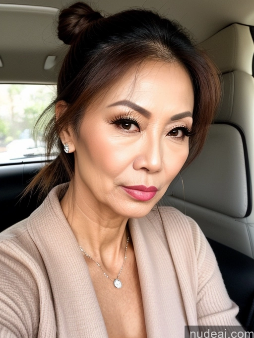 ai nude image of there is a woman sitting in a car with a pink lipstick pics of Milf Beautiful Skinny Hair Bun 60s Asian Pouting Lips Sexy Face Stylish