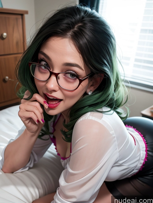 ai nude image of there is a woman with green hair and glasses laying on a bed pics of Czech Perfect Boobs Big Ass Glasses Long Legs Dress Nightgown Satin Stockings Simple Lipstick Blowjob Laughing Sexy Face Happy 80s Teacher Dirndl Office Yoga Pants Green Hair Long Hair