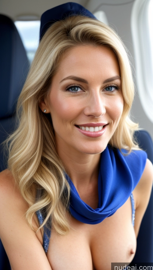 ai nude image of blond woman with blue dress and blue hat sitting in airplane pics of Milf Small Tits Beautiful Lipstick Long Legs Pubic Hair 30s Happy Seductive Sexy Face Scandinavian Close-up View Partially Nude Cleavage Scarf High Heels Flight Attendant