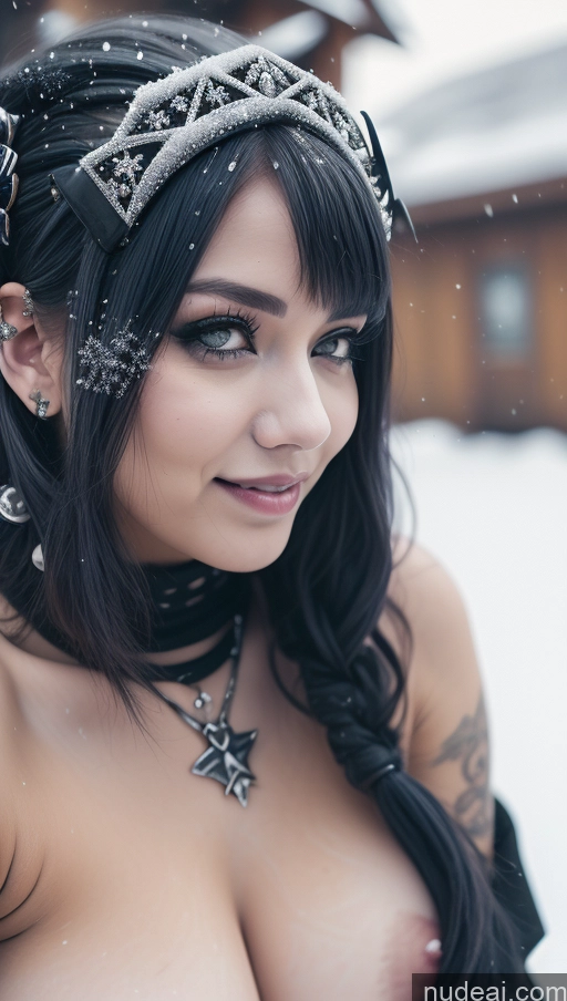 ai nude image of araffe with a tiara and a choker in the snow pics of Miss Universe Model Busty Perfect Boobs Chubby Laughing Ginger Ethiopian Snow Close-up View Gothic Punk Girl AliceDV