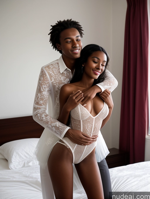 ai nude image of they are posing for a picture in a white lingerie pics of 18 Straight Black Hair Small Tits Lipstick Small Ass Perfect Body Tanned Skin Dark Skin Wedding Transparent Front View Bedroom Two Woman + Man Ethiopian Detailed Bright Lighting Carry On Back Hug From Behind