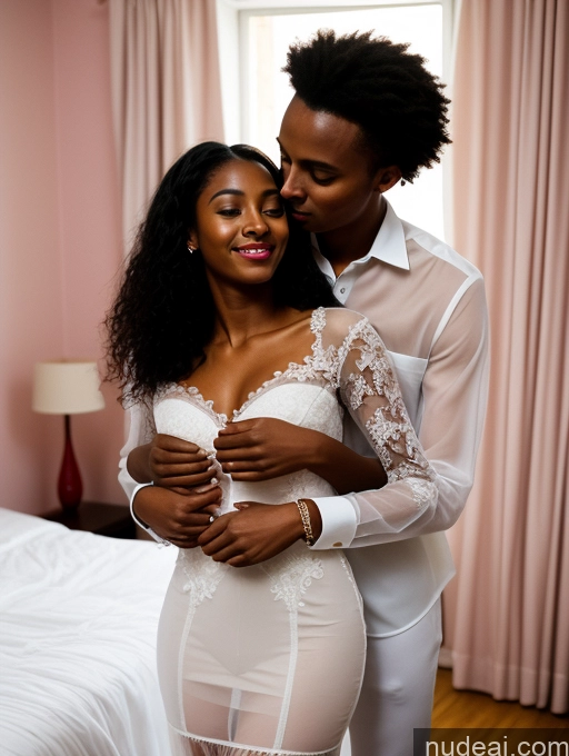 ai nude image of there is a man and woman that are hugging in a bedroom pics of 18 Straight Black Hair Small Tits Lipstick Small Ass Perfect Body Tanned Skin Dark Skin Wedding Transparent Front View Bedroom Two Woman + Man Ethiopian Detailed Bright Lighting Carry On Back Hug From Behind