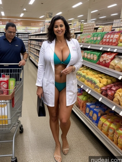 ai nude image of woman in a bikini walking down a grocery aisle with a shopping cart pics of Milf One Huge Boobs Busty Tanned Skin 50s Grocery Front View Microkini Thong Professor Lab Coat Latina