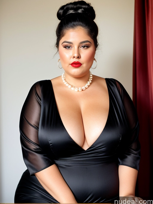 ai nude image of araffe woman in a black dress posing for a picture pics of Chubby Fat Thick Big Ass Big Hips Short 80s Hair Bun Dress Pearl Jewelry Huge Boobs Shocked Arabic Satin Lipstick Black Hair 60s